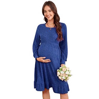Maternity Sweater Dress Square Neck Lantern Long Sleeve Ribbed Knit Baby Shower Dress Photoshoot
