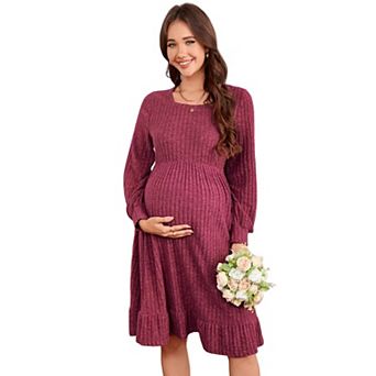Maternity Sweater Dress Square Neck Lantern Long Sleeve Ribbed Knit Baby Shower Dress Photoshoot