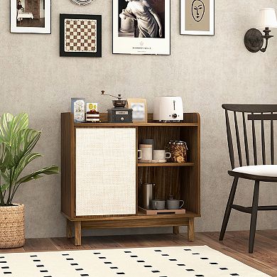 Rattan Buffet Sideboard Floor Storage Cabinet With Sliding Door And Adjustable Shelves