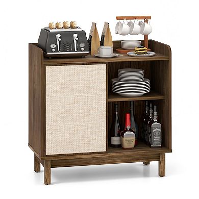 Rattan Buffet Sideboard Floor Storage Cabinet With Sliding Door And Adjustable Shelves