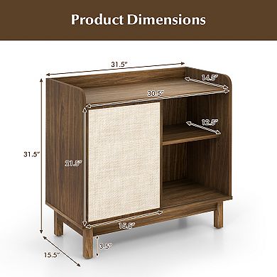 Rattan Buffet Sideboard Floor Storage Cabinet With Sliding Door And Adjustable Shelves