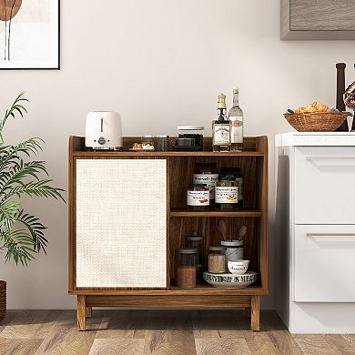 Rattan Buffet Sideboard Floor Storage Cabinet With Sliding Door And Adjustable Shelves