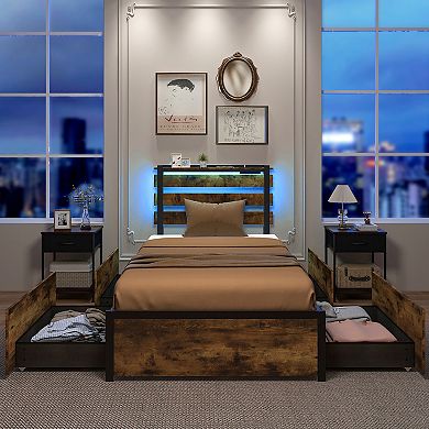 Modern Metal Bed Frame with Storage Drawers, Charging Station and RGB LED Lights