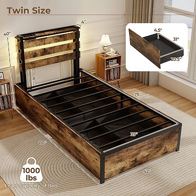 Modern Metal Bed Frame with Storage Drawers, Charging Station and RGB LED Lights