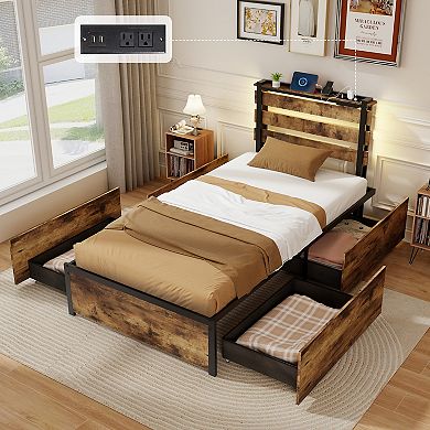 Modern Metal Bed Frame with Storage Drawers, Charging Station and RGB LED Lights