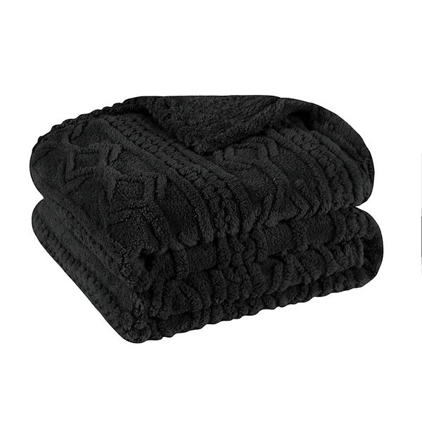 Superior Arctic Fleece Boho Knit Jacquard Blanket, Twin, Black