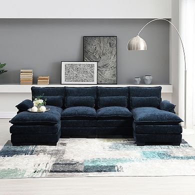 Modern U-shaped Sectional Sofa With Waist Pillows,6-seat Upholstered Symmetrical Sofa Furniture