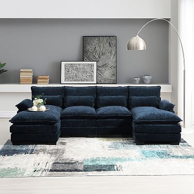 Modern U shaped Sectional Sofa With Waist Pillows 6 seat Upholstered Symmetrical Sofa Furniture