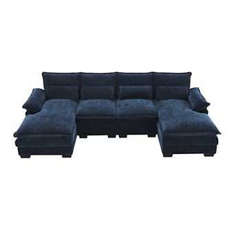 Modern U-shaped Sectional Sofa With Waist Pillows,6-seat Upholstered Symmetrical Sofa Furniture