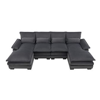 Modern U-shaped Sectional Sofa With Waist Pillows,6-seat Upholstered Symmetrical Sofa Furniture