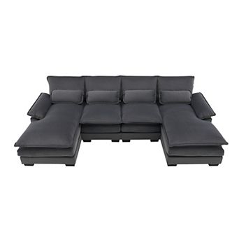 Modern U-shaped Sectional Sofa With Waist Pillows,6-seat Upholstered Symmetrical Sofa Furniture