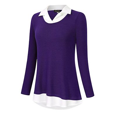 Women's Long Sleeve Contrast Collared Shirts Patchwork Work Blouse Tunics Tops
