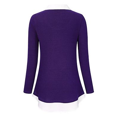Women's Long Sleeve Contrast Collared Shirts Patchwork Work Blouse Tunics Tops