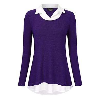 Women's Long Sleeve Contrast Collared Shirts Patchwork Work Blouse Tunics Tops