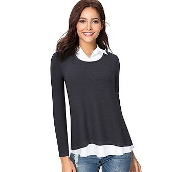 Women's Long Sleeve Contrast Collared Shirts Patchwork Work Blouse Tunics Tops