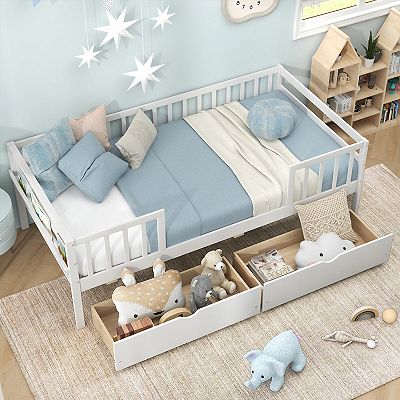 Twin Daybed With Fence And 2 Drawers Kids Bed For Boys Girls white