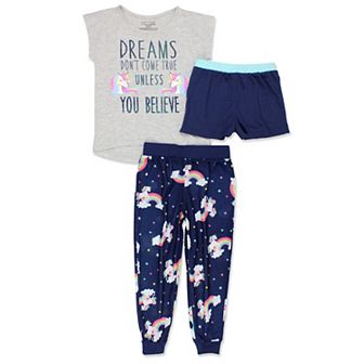 Komar Kids Unicorn Girl's Short Sleeve 3 pc Jersey Shorts Pants Pajamas Set