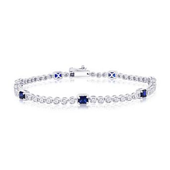 Divine Gold Sterling Silver Lab-Created Sapphire & 1/10 Carat T.W. Diamond Round Stone Tennis Bracelet