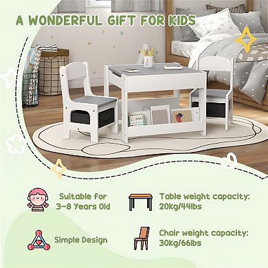 Versatile Nursery Table & Chairs Set with Flip Blackboard, Storage Drawers, and Bookshelf