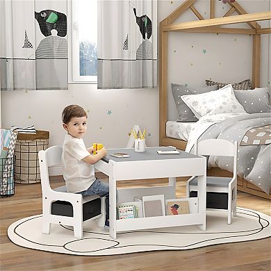 Versatile Nursery Table & Chairs Set with Flip Blackboard, Storage Drawers, and Bookshelf
