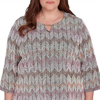 Haut Manches 3/4 Alfred Dunner Zig Zag Bleu Avec Clous Taille L - Occasion