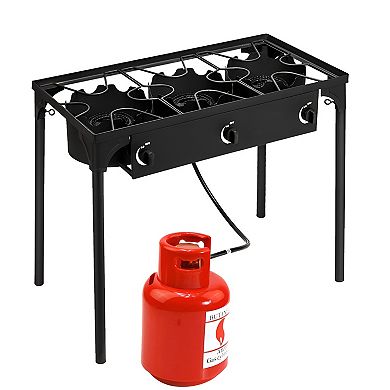 Powerful 3-Burner Outdoor Stove - 225000 BTU, Cast Iron Head, Adjustable Firepower