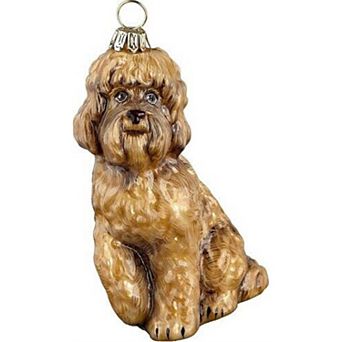 Joy To The World Brown Blonde Labradoodle Dog Polish Glass Christmas Ornament