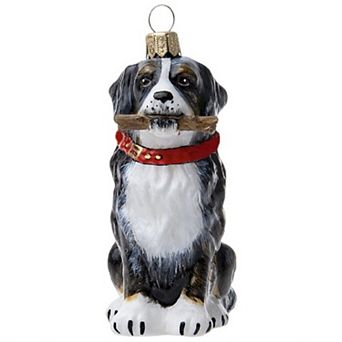 Joy To The World Bernese Mountain Dog With Fetching Stick Polish Glass Ornament
