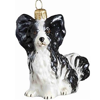 Joy To The World Sitting Black And White Papillion Dog Polish Glass Christmas Ornament Decoration