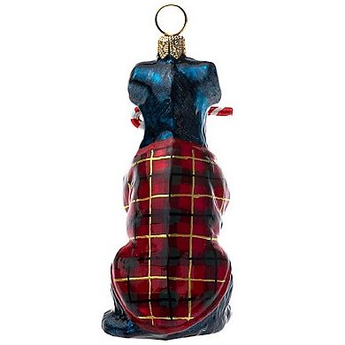 Joy To The World Black Lab With Candy Cane And Plaid Coat Polish Glass Ornament