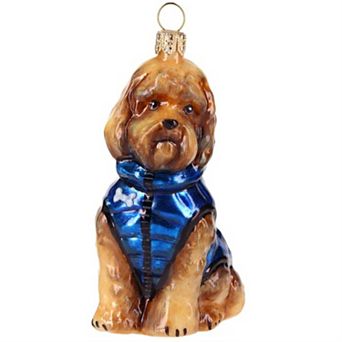 Joy To The World Labradoodle In Blue Winter Coat Polish Glass Ornament