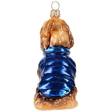 Joy To The World Labradoodle In Blue Winter Coat Polish Glass Ornament