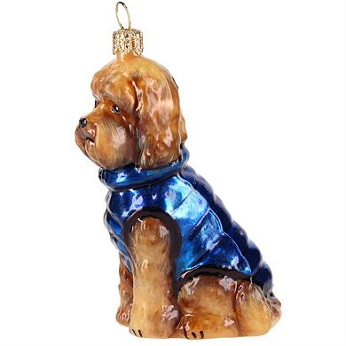 Joy To The World Labradoodle In Blue Winter Coat Polish Glass Ornament