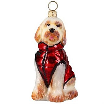 Joy To The World Goldendoodle In Red Winter Coat Polish Glass Ornament