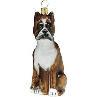 Joy To The World Boxer Dog Sitting Polish Blown Glass Christmas Ornament