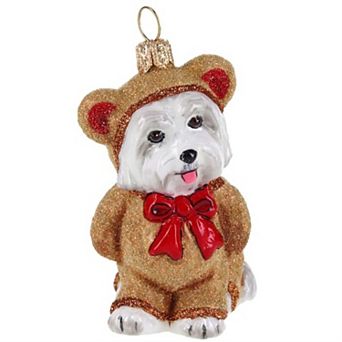 Joy To The World Maltese In Teddy Bear Sleeper Pajamas Polish Glass Ornament