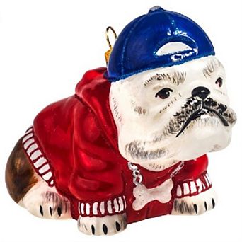 Joy To The World Bulldog Rapper with Reverse Ball Cap Polish Glass Dog Ornament