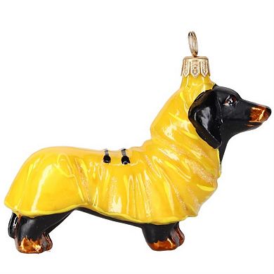 Joy To The World Black Dachshund In Yellow Rain Coat Polish Glass Ornament