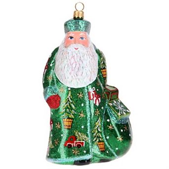 Joy To The World Glitterazzi Metallics Series Green Santa Polish Glass Ornament 6.6 Inches