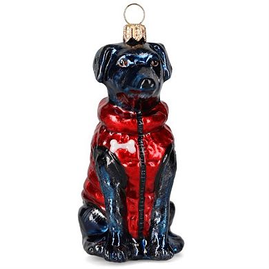 Joy To The World Black Lab In Red Puffer Coat Polish Glass Ornament