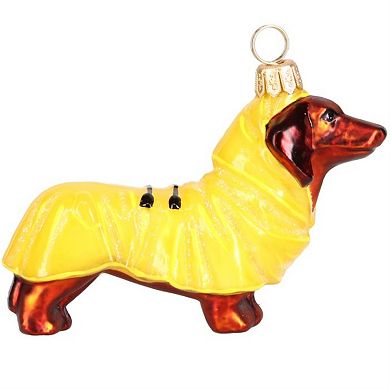 Joy To The World Red Dachshund In Yellow Raincoat Polish Glass Ornament