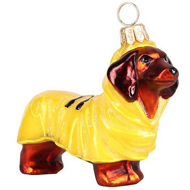 Joy To The World Red Dachshund In Yellow Raincoat Polish Glass Ornament