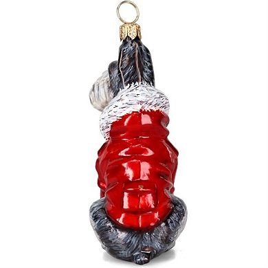 Joy To The World Gray Schnauzer In Red Winter Coat Polish Glass Ornament