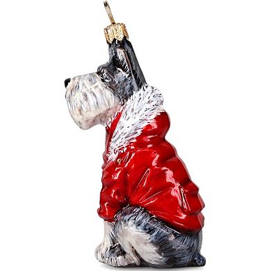 Joy To The World Gray Schnauzer In Red Winter Coat Polish Glass Ornament