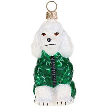 Joy To The World White Poodle In Puffer Coat Polish Glass Ornament