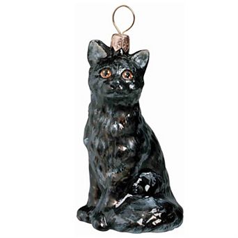 Joy To The World Sitting Black American Shorthair Cat Polish Glass Christmas Ornament Decoration