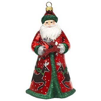 Joy To The World Glitterazzi Red Green And Silver Reindeer Santa Polish Glass Christmas Ornament