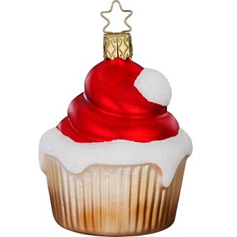 Inge Glas Christmas Cupcake Santa Hat German Glass Ornament Free Box 3.4 Inch
