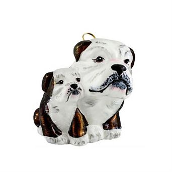 Joy To The World Brown And White Bulldog Mother With Puppy Polish Blown Glass Christmas Ornament