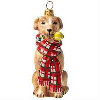 Joy To The World Yellow Lab With Bushy Scarf And Chew Toy Polish Glass Ornament